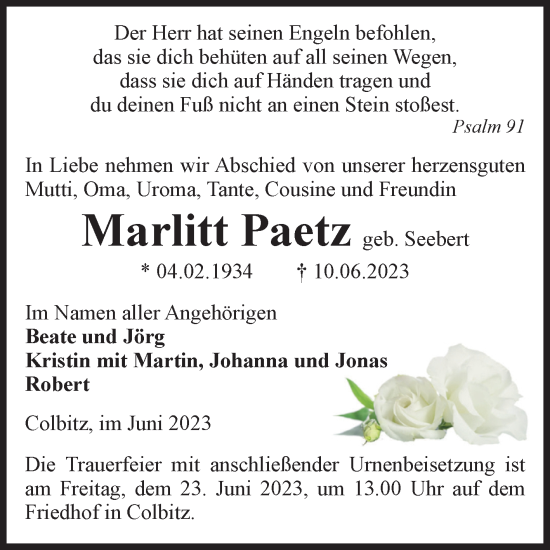 Traueranzeige von Marlitt Paetz von Volksstimme Haldensleben/Wolmirstedt
