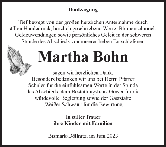 Traueranzeige von Martha Bohn von Volksstimme Altmark Ost