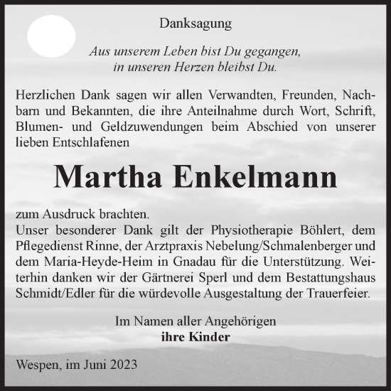 Traueranzeige von Martha Enkelmann von Volksstimme Schönebeck