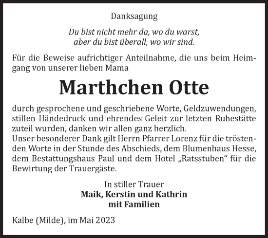 Traueranzeige von Marthchen Otte von Volksstimme Altmark West