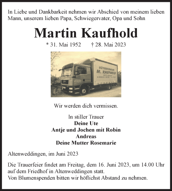 Traueranzeige von Martin Kaufhold von Volksstimme Oschersleben/Wanzleben