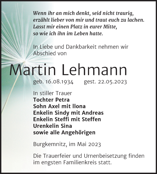 Traueranzeige von Martin Lehmann von Trauerkombi Bitterfeld