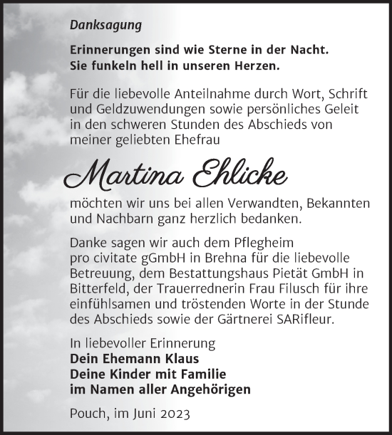 Traueranzeige von Martina Ehlicke von Trauerkombi Bitterfeld