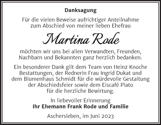 Traueranzeige von Martina Rode von Trauerkombi Aschersleben