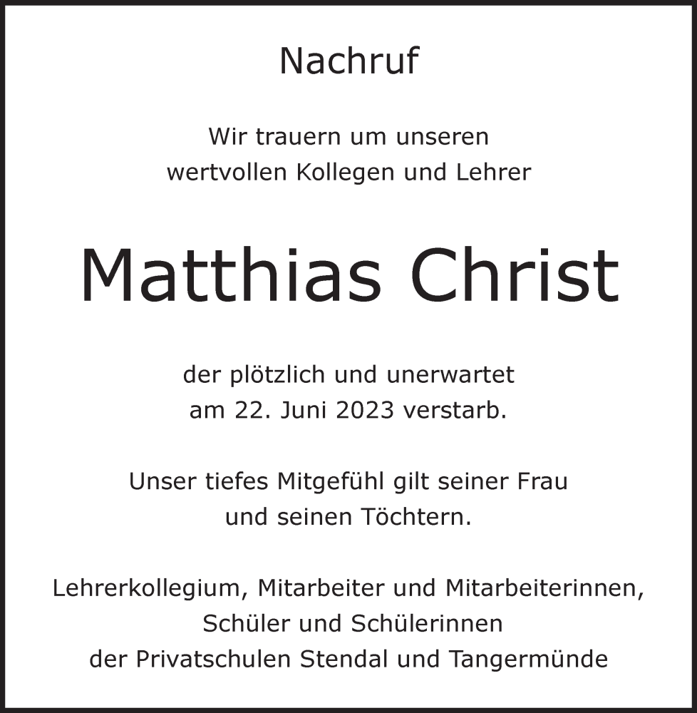  Traueranzeige für Matthias Christ vom 29.06.2023 aus Volksstimme Altmark Ost
