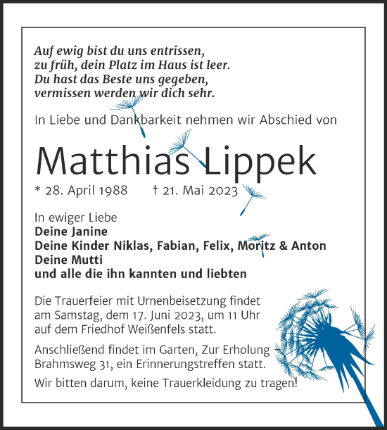 Traueranzeige von Matthias Lippek von Trauerkombi Weißenfels