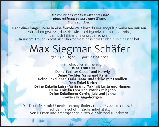 Traueranzeige von Max Siegmar Schäfer von Trauerkombi Bitterfeld