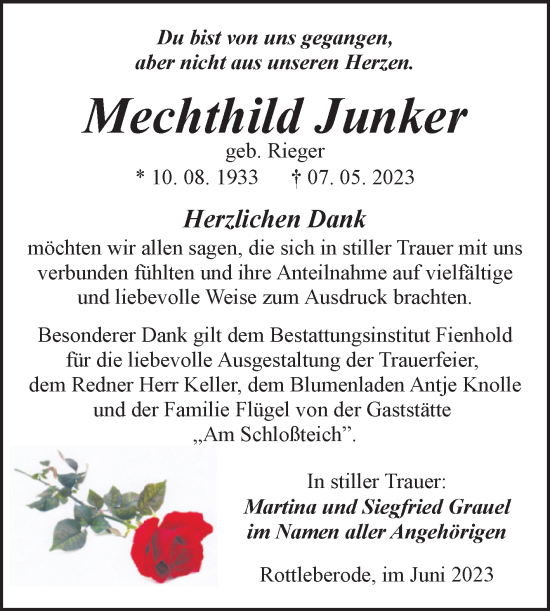 Traueranzeige von Mechthild Junker von Trauerkombi Sangerhausen