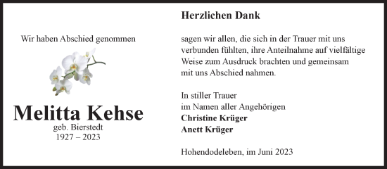 Traueranzeige von Melitta Kehse von Volksstimme Oschersleben/Wanzleben