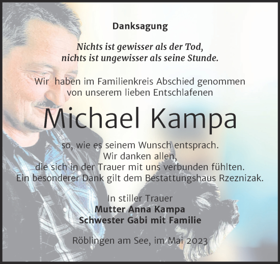 Traueranzeige von Michael Kampa von Trauerkombi Mansfelder Land
