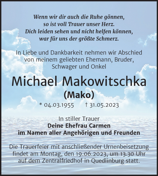 Traueranzeige von Michael Makowitschka von Trauerkombi Quedlinburg