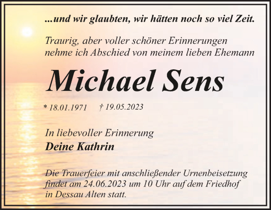 Traueranzeige von Michael Sens von Trauerkombi Dessau