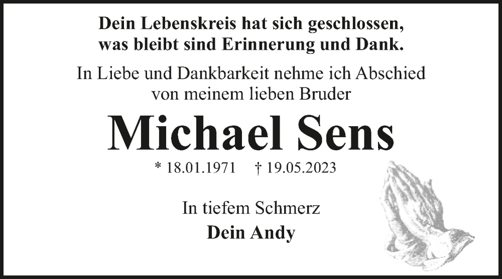  Traueranzeige für Michael Sens vom 10.06.2023 aus Trauerkombi Dessau