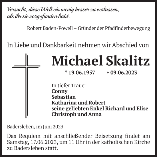 Traueranzeige von Michael Skalitz von Volksstimme Halberstadt