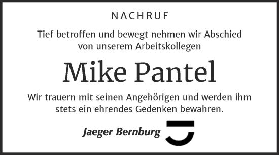 Traueranzeige von Mike Pantel von Super Sonntag Bernburg