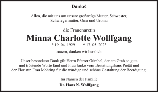 Traueranzeige von Minna Charlotte Wolffgang von Volksstimme Burg/Genthin