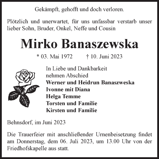 Traueranzeige von Mirko Banaszewska von Volksstimme Haldensleben/Wolmirstedt