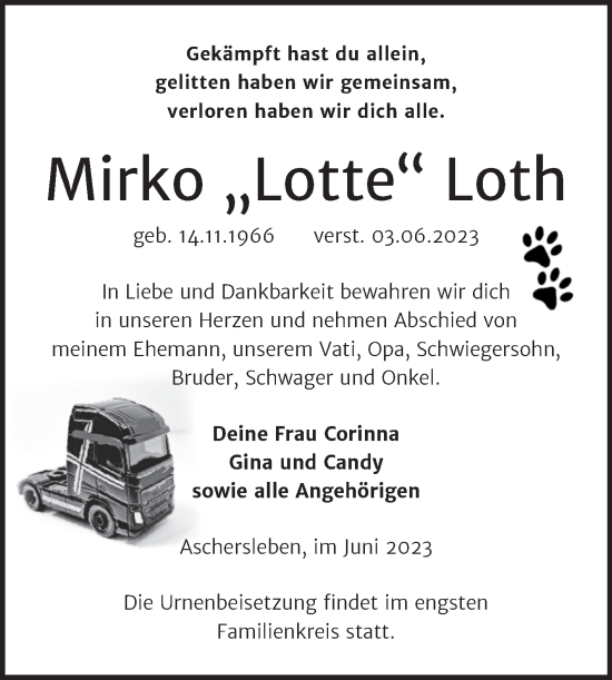 Traueranzeige von Mirko Loth von Trauerkombi Aschersleben