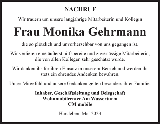 Traueranzeige von Monika Gehrmann von Volksstimme Halberstadt