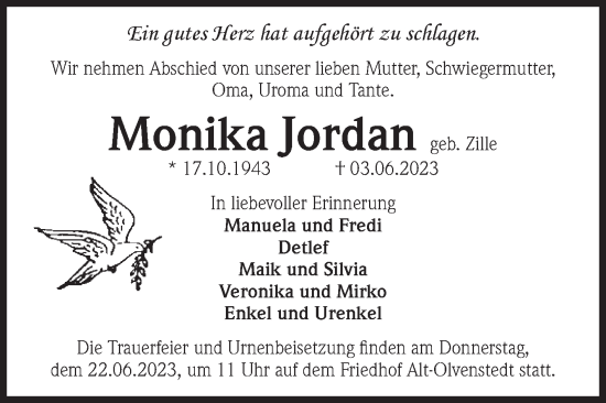 Traueranzeige von Monika Jordan von Volksstimme Magdeburg