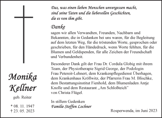 Traueranzeige von Monika Kellner von Trauerkombi Sangerhausen