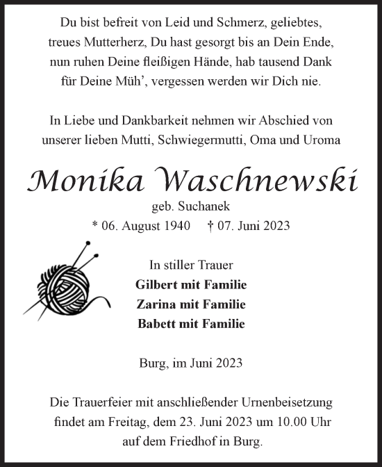 Traueranzeige von Monika Waschnewski von Volksstimme Burg/Genthin