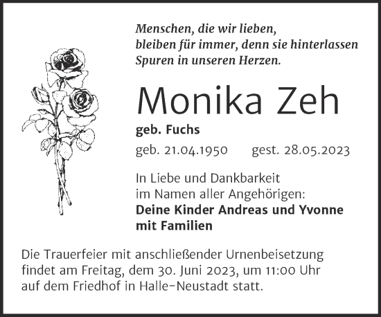 Traueranzeige von Monika Zeh von Mitteldeutsche Zeitung Halle/Saalkreis