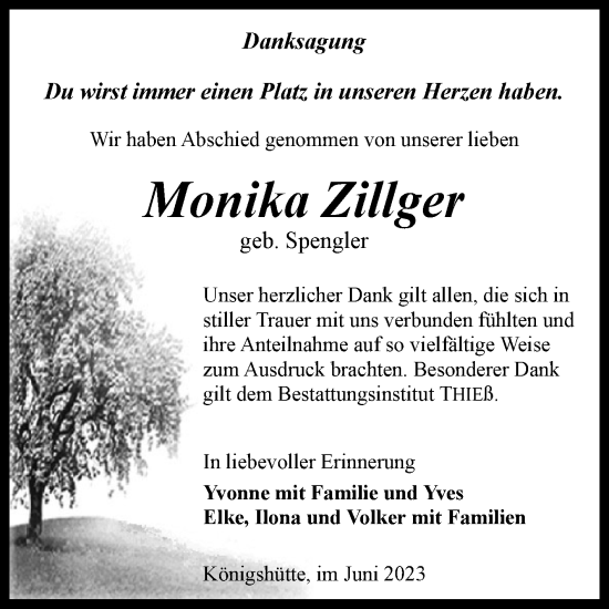 Traueranzeige von Monika Zillger von Volksstimme Wernigerode