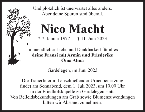 Traueranzeige von Nico Macht von Volksstimme Altmark West