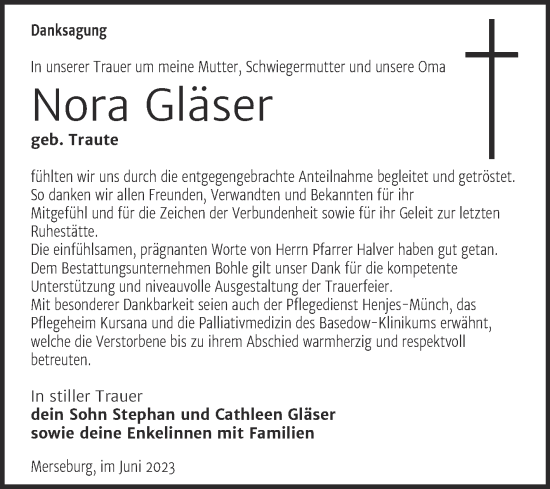 Traueranzeige von Nora Gläser von Trauerkombi Merseburg