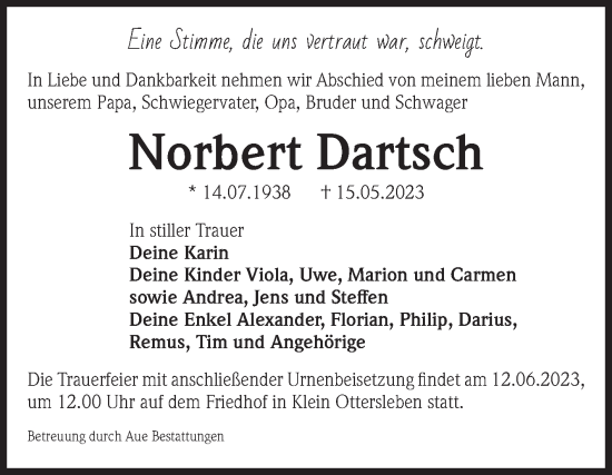 Traueranzeige von Norbert Dartsch von Volksstimme Magdeburg