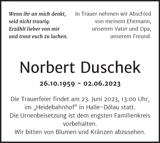 Traueranzeige von Norbert Duschek von Mitteldeutsche Zeitung Halle/Saalkreis