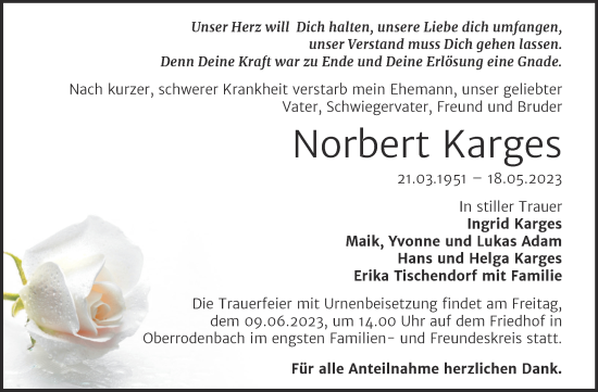 Traueranzeige von Norbert Karges von Trauerkombi Zeitz