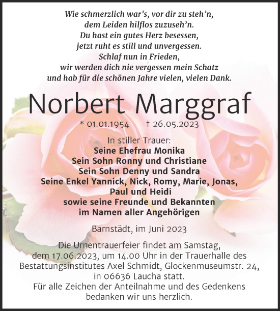 Traueranzeige von Norbert Marggraf von Trauerkombi Merseburg