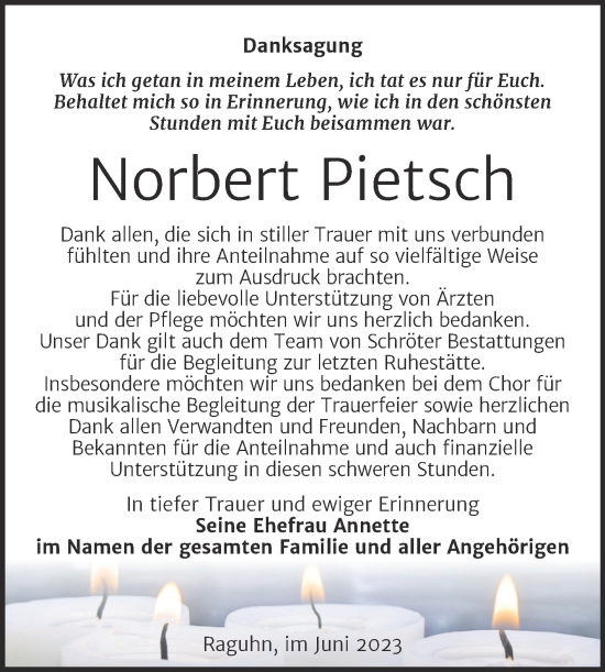 Traueranzeige von Norbert Pietsch von Trauerkombi Bitterfeld
