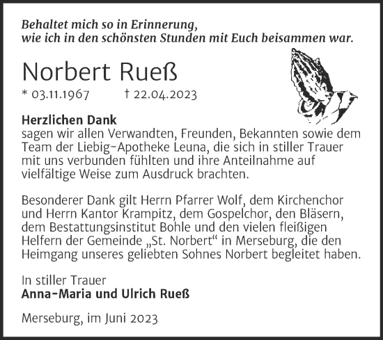 Traueranzeige von Norbert Rueß von Mitteldeutsche Zeitung Merseburg/Querfurt