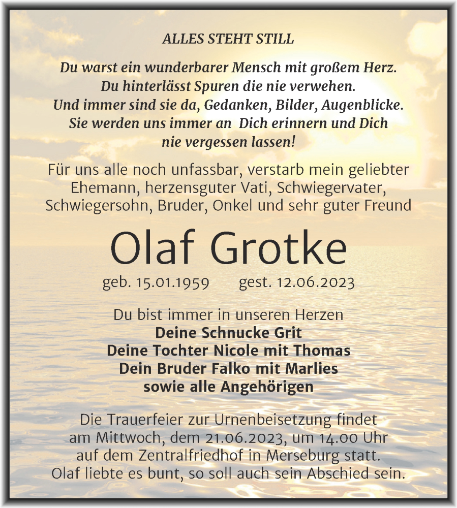  Traueranzeige für Olaf Grotke vom 17.06.2023 aus Trauerkombi Merseburg
