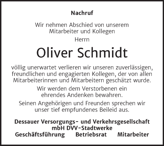 Traueranzeige von Oliver Schmidt von Super Sonntag Dessau-Roßlau