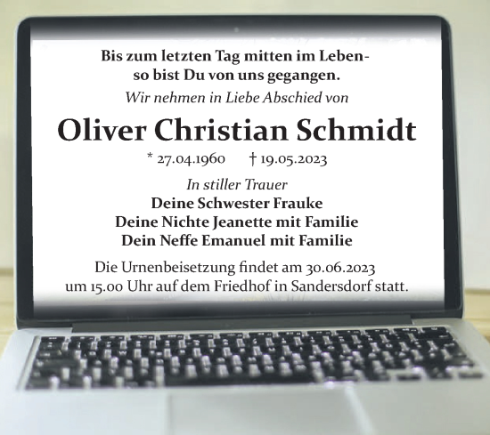Traueranzeige von Oliver Christian Schmidt von Trauerkombi Bitterfeld