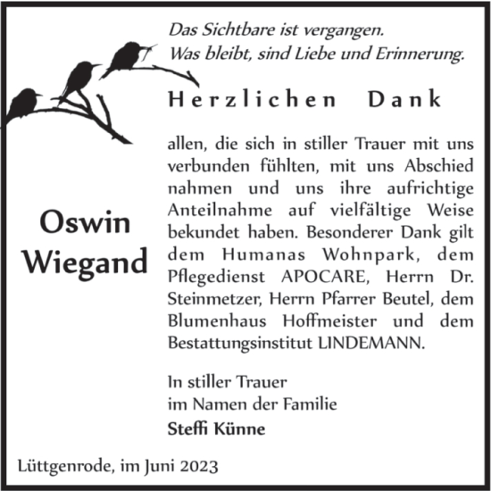 Traueranzeige von Oswin Wiegand von Volksstimme Halberstadt