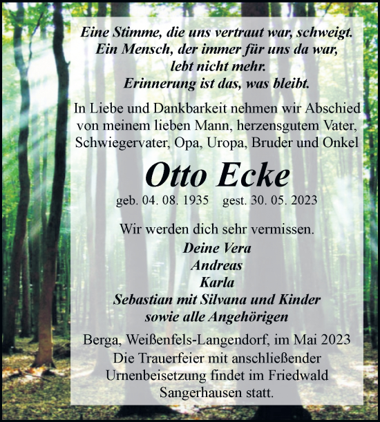 Traueranzeige von Otto Ecke von Trauerkombi Sangerhausen