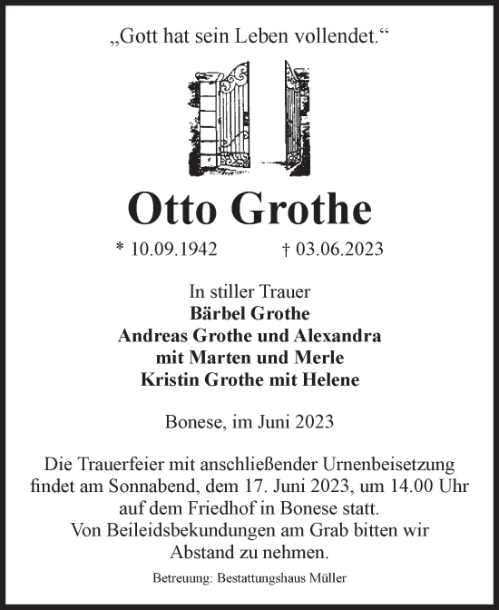 Traueranzeige von Otto Grothe von Volksstimme Altmark West