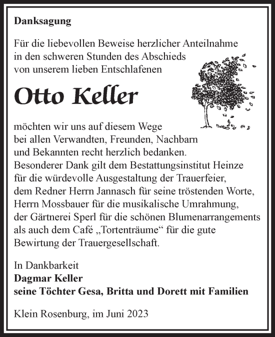 Traueranzeige von Otto Keller von Volksstimme Schönebeck