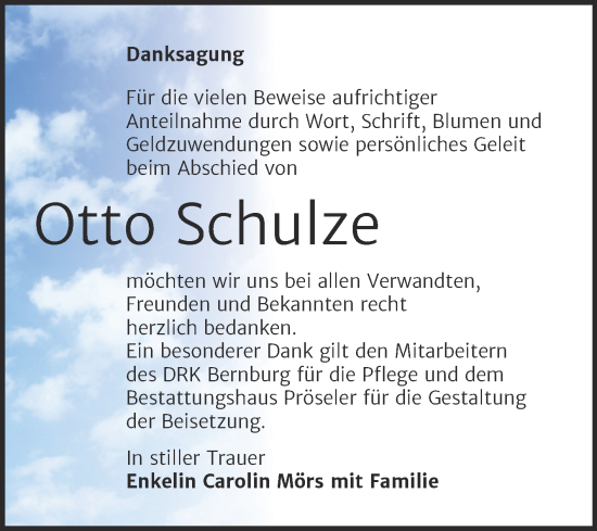 Traueranzeige von Otto Schulze von Trauerkombi Bernburg