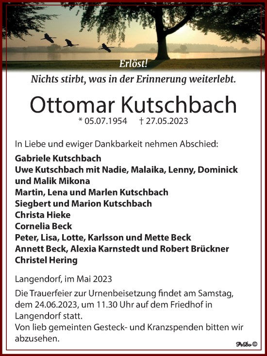 Traueranzeige von Ottomar Kutschbach von Trauerkombi Weißenfels