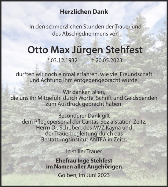 Traueranzeige von Otto Max Jürgen Stehfest von Trauerkombi Zeitz