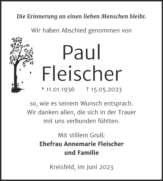 Traueranzeige von Paul Fleischer von Trauerkombi Mansfelder Land