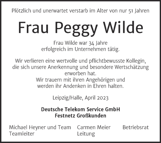 Traueranzeige von Peggy Wilde von Mitteldeutsche Zeitung Halle/Saalkreis