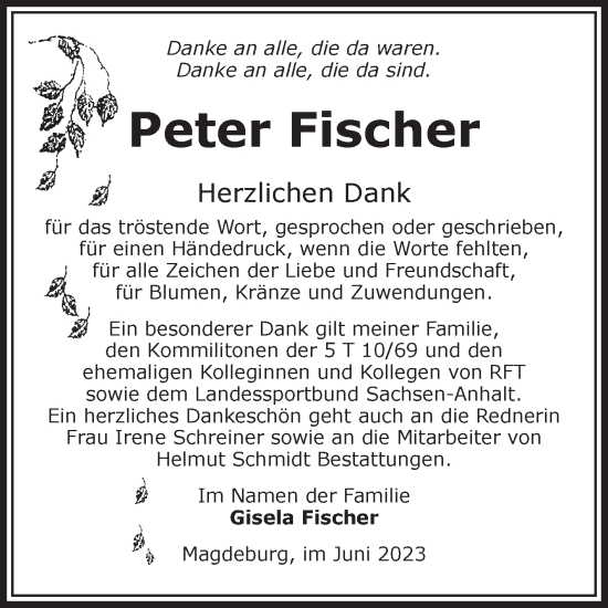 Traueranzeige von Peter Fischer von Volksstimme Magdeburg