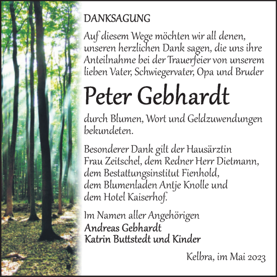 Traueranzeige von Peter Gebhardt von Trauerkombi Sangerhausen